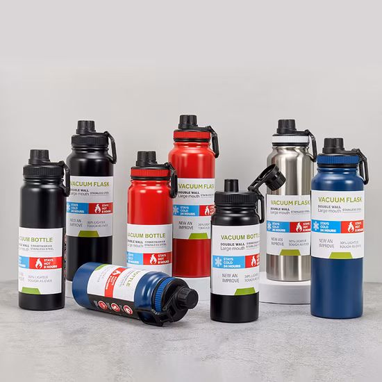 2022 nova boca larga parede dupla esportes yoga vácuo isolado aço inoxidável ginásio esportes garrafa de água com tampa palha eco amigável