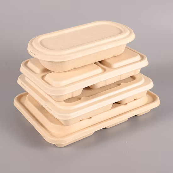 Hambúrguer descartável, batatas fritas, salada, tigela de papel kraft, caixa de almoço, recipiente de comida